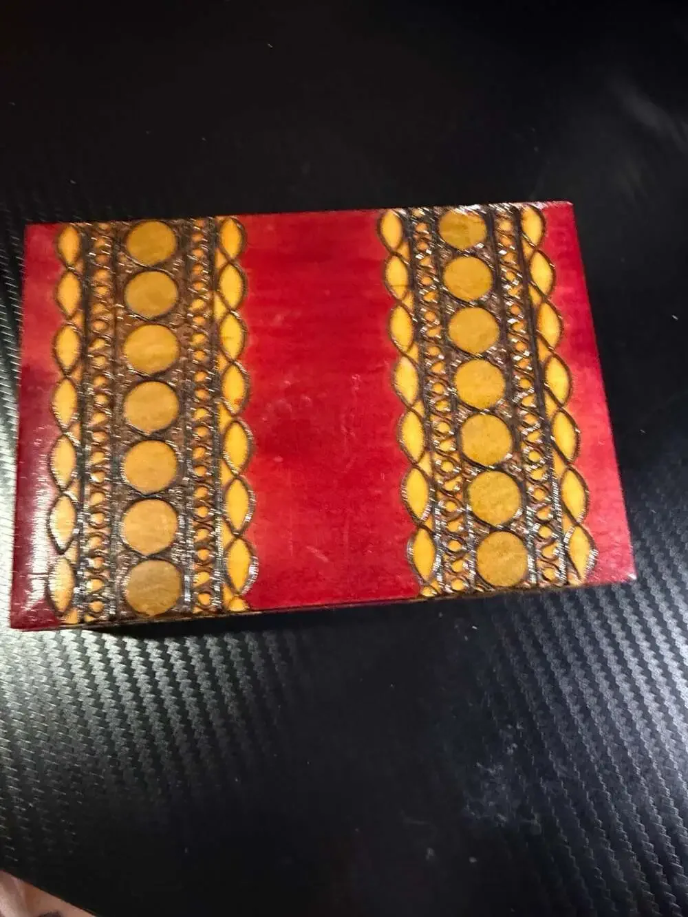 Vintage Hand Carved Wooden Trinket Box Red and Gold Folk Art Keepsake